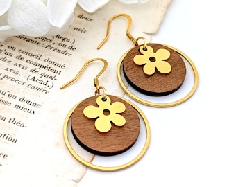 Boucles d'oreilles Fleurs pour femme, en bois et acier inoxydable chirurgical doré