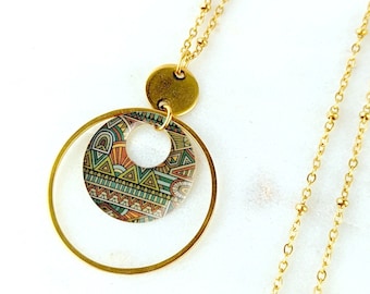 Sautoir pendentif or aztéque maya imprimé pour femme