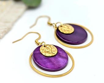 Boucles d'oreilles violet en nacre et acier inoxydable pour femme