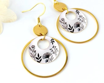 Boucles d'oreilles fleurs noires et blanches pour femme