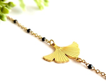 Bracelet ginkgo noir et or pour femme