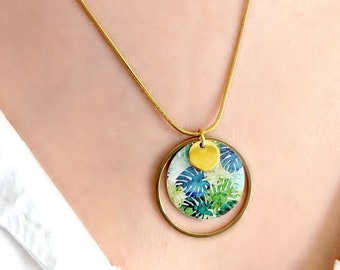 Collier pendentif feuilles tropicales vert et bleu pour femme