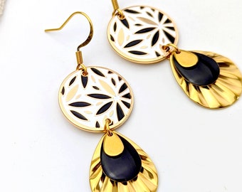 Boucles d'oreilles fleurs noir et or pour femme