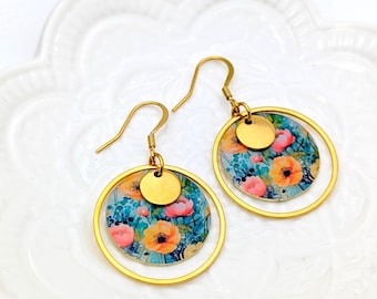 Boucles d'oreilles rondes et pendantes boho chic fleurs colorés pour femme