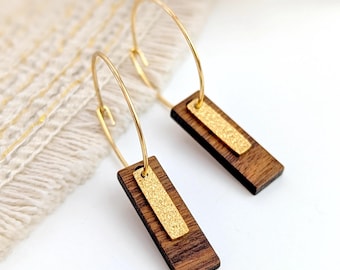 Rectangle earrings in wood and gold stainless steel for women, boho chic jewelry, hypoallergenic, Christmas gift idea for her