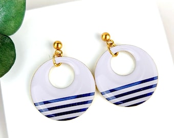 Boucles d'oreilles or rayures marinière bleu foncé pour femme