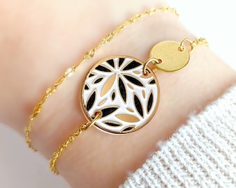 Bracelet boho chic fleurs épi noir blanc et or pour femme