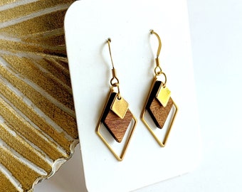 Women's diamond earrings, wood and gold earrings, gift for her, handmade jewelry, simple and chic jewelry, women's gift