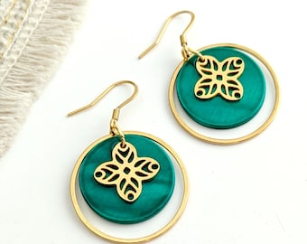 Boucles d'oreilles or ou argent, nacre vert menthe, acier inoxydable, pour femme