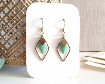 Women's water green and gold diamond earrings, geometric earrings, gift idea for her, simple minimalist jewelry