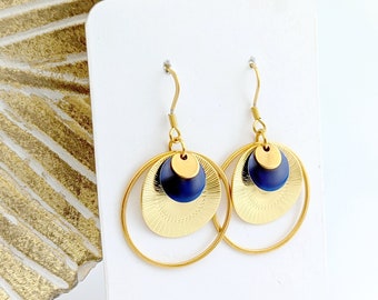 Boucles d'oreilles bleu foncé et or pour femme