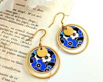 Boucles d'oreilles émaillées pour femme à motif de fleurs bleu blanc et noir