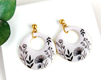Boucles d'oreilles or fantaisie fleurs noir et blanc pour femme