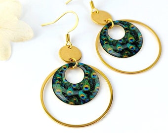 Boucles d'oreilles plumes de paon pour femme