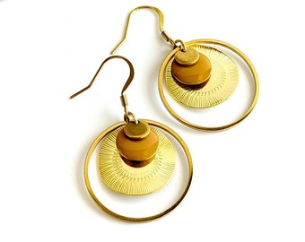Boucles d'oreilles rondes camel et or pour femme, bijoux