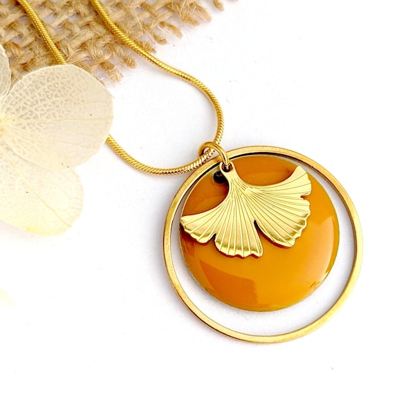 Collier Ginkgo or femme, bijou minimaliste jaune foncé et or pour femme, cadeau fait main pour elle, idée cadeau femme, bijoux bohème