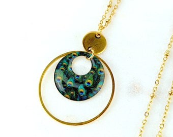 Collier long pendentif plume de paon pour femme