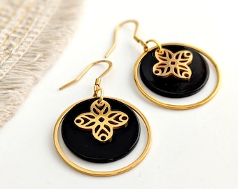 Boucles d'oreilles or ou argent et noir, acier inoxydable, pour femme