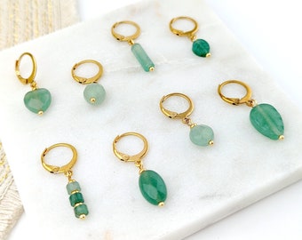 Mono boucle d'oreille dormeuse aventurine verte et acier chirurgical femme, à l'unité, pierre naturelle vert d'eau et or, cadeau pour elle