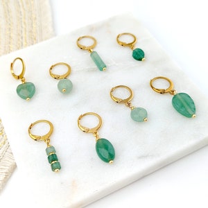 Single green aventurine and surgical steel sleeper earring for women, single, natural sea green stone and gold, gift for her