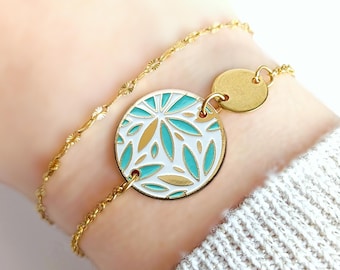 Bracelet en émail fleurs épi vert d'eau et or pour femme