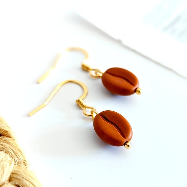 Boucles d'oreilles grains de café marron clair pour femme, en verre, bijou amusant décalé, bijoux de café, cadeau pour elle, bijou fait main