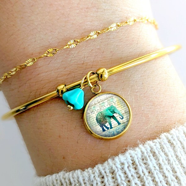 Bracelet jonc éléphant bleu turquoise femme, acier inoxydable, bijoux éléphant, cadeau femme, cadeau pour elle, bijoux bohème chic