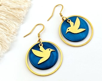 Boucles d'oreilles colibri bleu canard pour femme