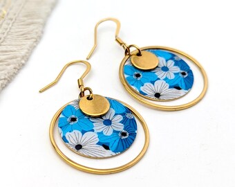 Boucles d'oreilles fantaisie fleurs bleues en acier inoxydable pour femme