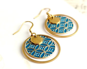 Peacock blue women's earrings, Japanese pattern, art deco, handmade - Women's costume jewelry, colorful, boho chic, gift for her