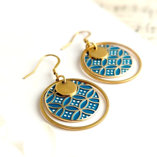 Peacock blue women's earrings, Japanese pattern, art deco, handmade - Women's costume jewelry, colorful, boho chic, gift for her