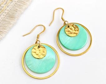 Boucles d'oreilles vert menthe en nacre et acier inoxydable pour femme