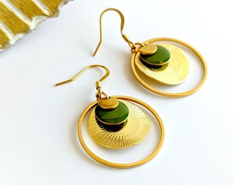 Boucles d'oreilles vert et or pour femme, bijoux boho chic, cadeau pour elle, bijoux fantaisie bohème chic, bijou automne, cadeau pour maman