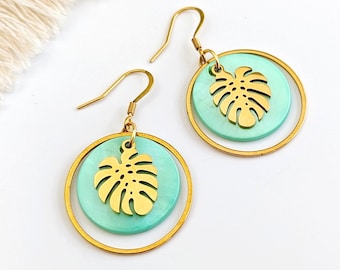 Boucles d'oreilles feuilles tropicales Monstera vert menthe pour femme