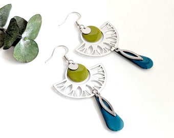 Boucles d'oreilles argent femme, bijoux acier inoxydable, bijou géométrique, bijoux art déco, bijou bleu canard et vert, cadeau pour elle