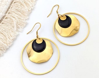 Boucles d'oreilles créoles boho noir pour femme - Or ou Argent