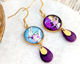 Boucles d'oreilles cabochons en verre Alice au Pays des Merveilles