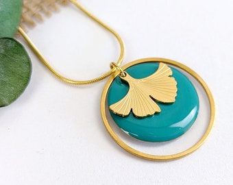 Ginkgo Leaf Pendant Necklace, Teal and Gold Jewelry, Minimalist Jewelry, Gift for Her, Women Jewelry, Boho Jewelry