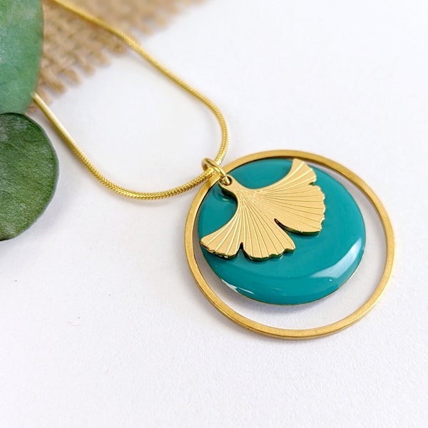 Ginkgo leaf pendant necklace, teal and gold jewelry, minimalist jewelry, gift for her, women's jewelry, boho jewelry