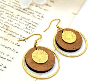 Boucles d'oreilles femme bois et or en acier inoxydable chirurgical doré