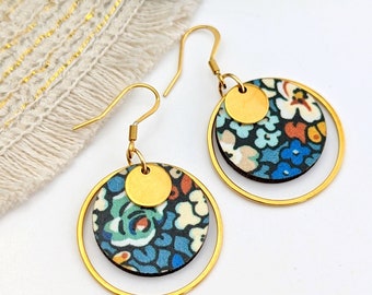 Boucles d'oreilles en bois et tissu Liberty boho Automne chic pour femme
