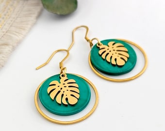 Boucles d'oreilles feuilles tropicales Monstera vert émeraude pour femme