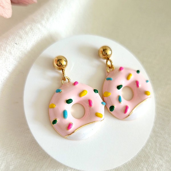 Boucles d'oreilles enfants pendantes donut's sucré, gâteau rose, cadeau pour petite fille, bijou fillette, bijou enfant, cadeau bijou fille