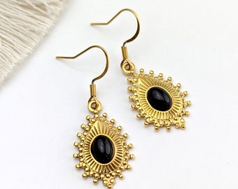 Boucles d'oreilles pendantes gouttes Onyx noir et or pour femme