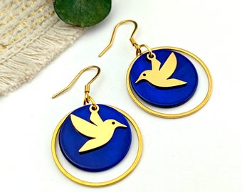 Boucles d'oreilles colibri bleu roi pour femme