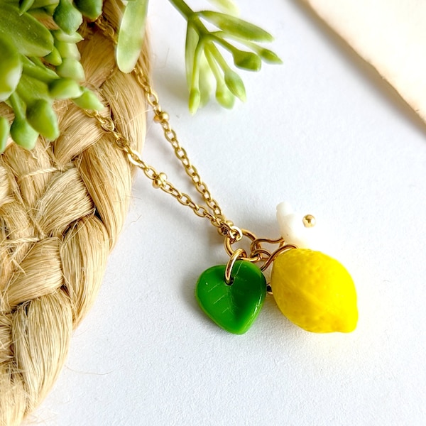 Collier pendentif citron jaune en verre pour femme, Bijou citron, cadeau mignon, bijou d'été, cadeau pour elle, bijou fruits en verre