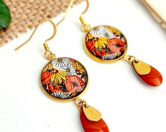 Boucles d'oreilles fleurs orange terra cotta pour femme, bijoux cabochon, cadeau pour elle fait main, bijoux boho chic, cadeau pour maman