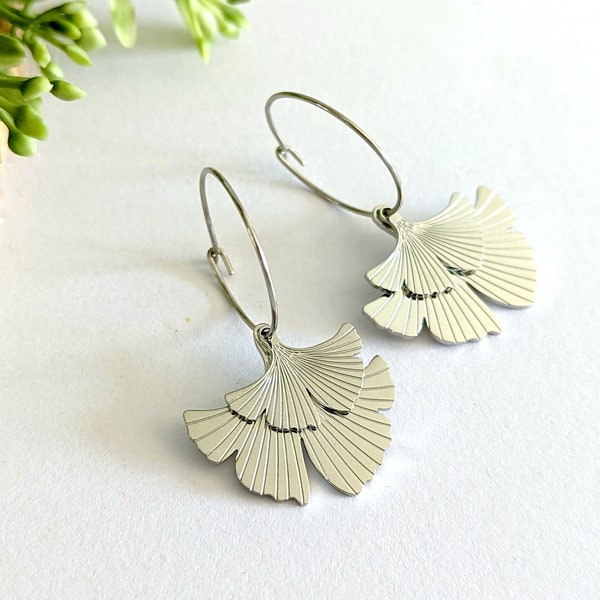 Boucles d'oreilles créoles Ginkgo, boucles d'oreilles argent femme, bijou acier inoxydable, bijoux argent, minimaliste, cadeau pour elle