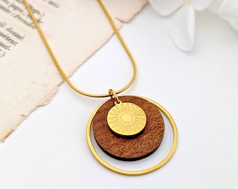 Collier or pendentif rond en bois pour femme