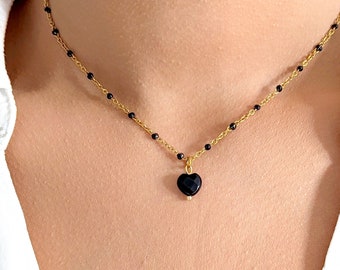 Collier or pendentif coeur en onyx noir femme, pierre naturelle, collier bohème chic, bijou minimaliste, cadeau fait main, cadeau pour elle